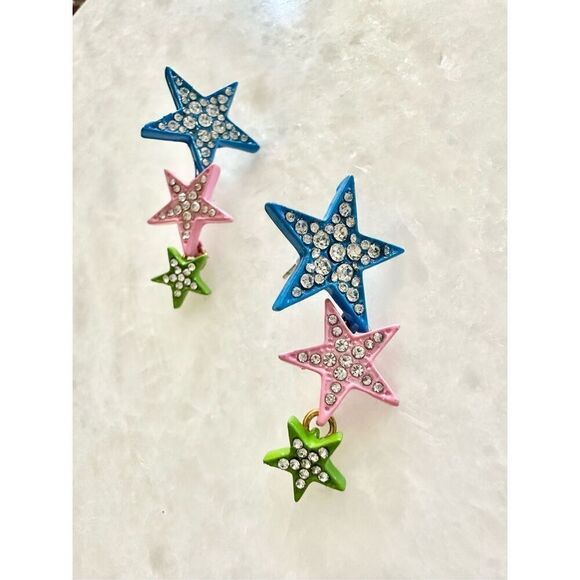 Multi color pink blue and green sparkly star dangle earrings - Picture 2 of 2